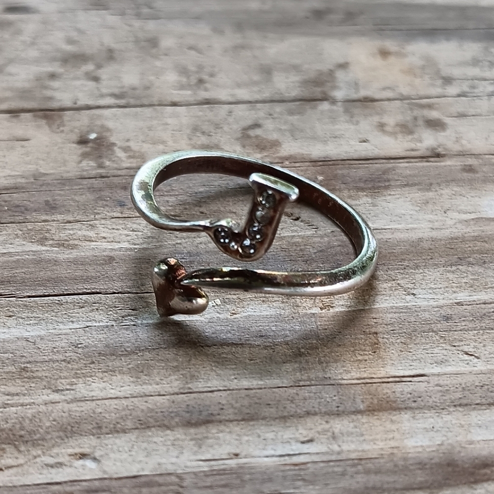 Vintage Sterling Silver Size 6 Semi-adjustable Crystal J Heart Ring